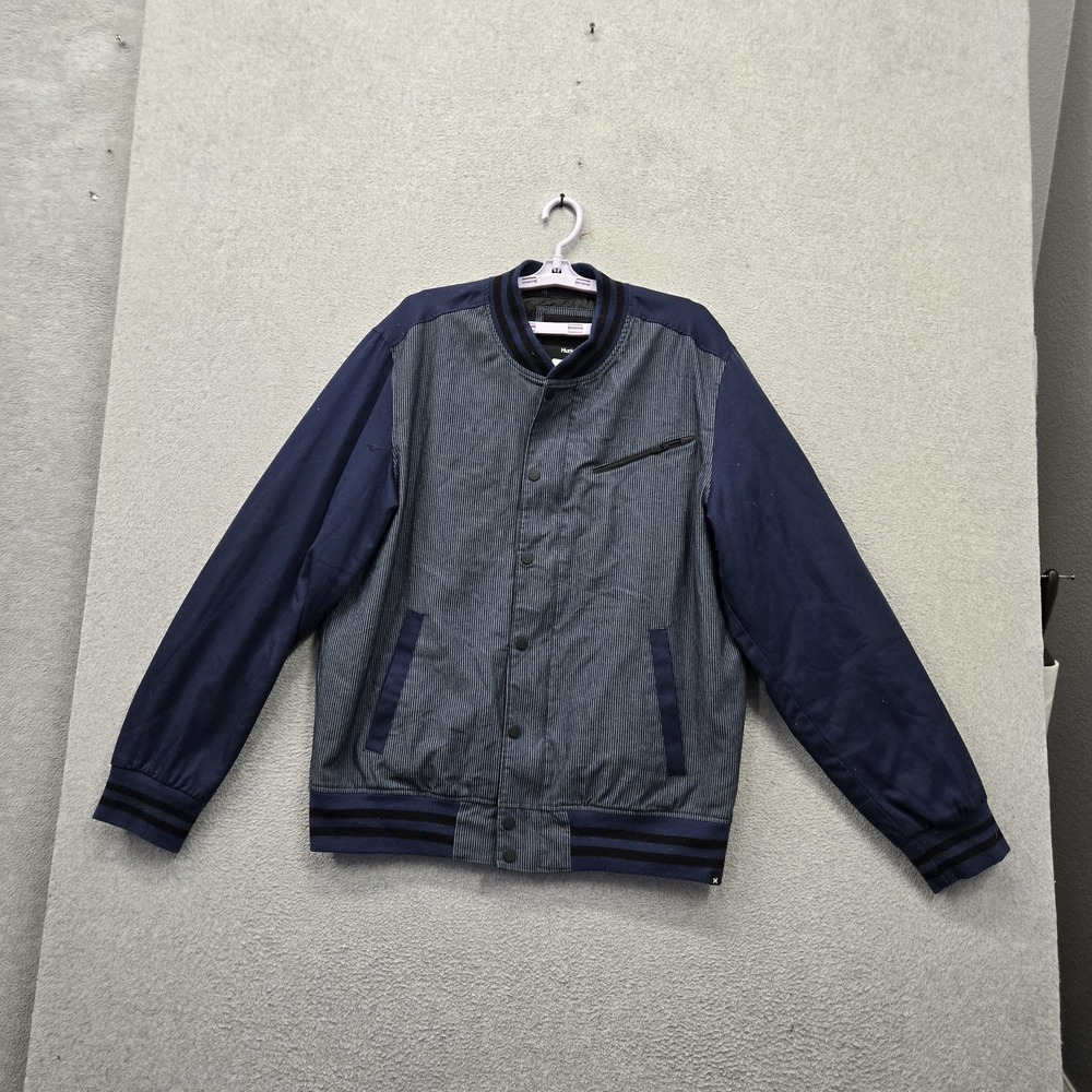 Hurley Men Jacket XL Blue Striped Varsity Snap Button Zipper EAD